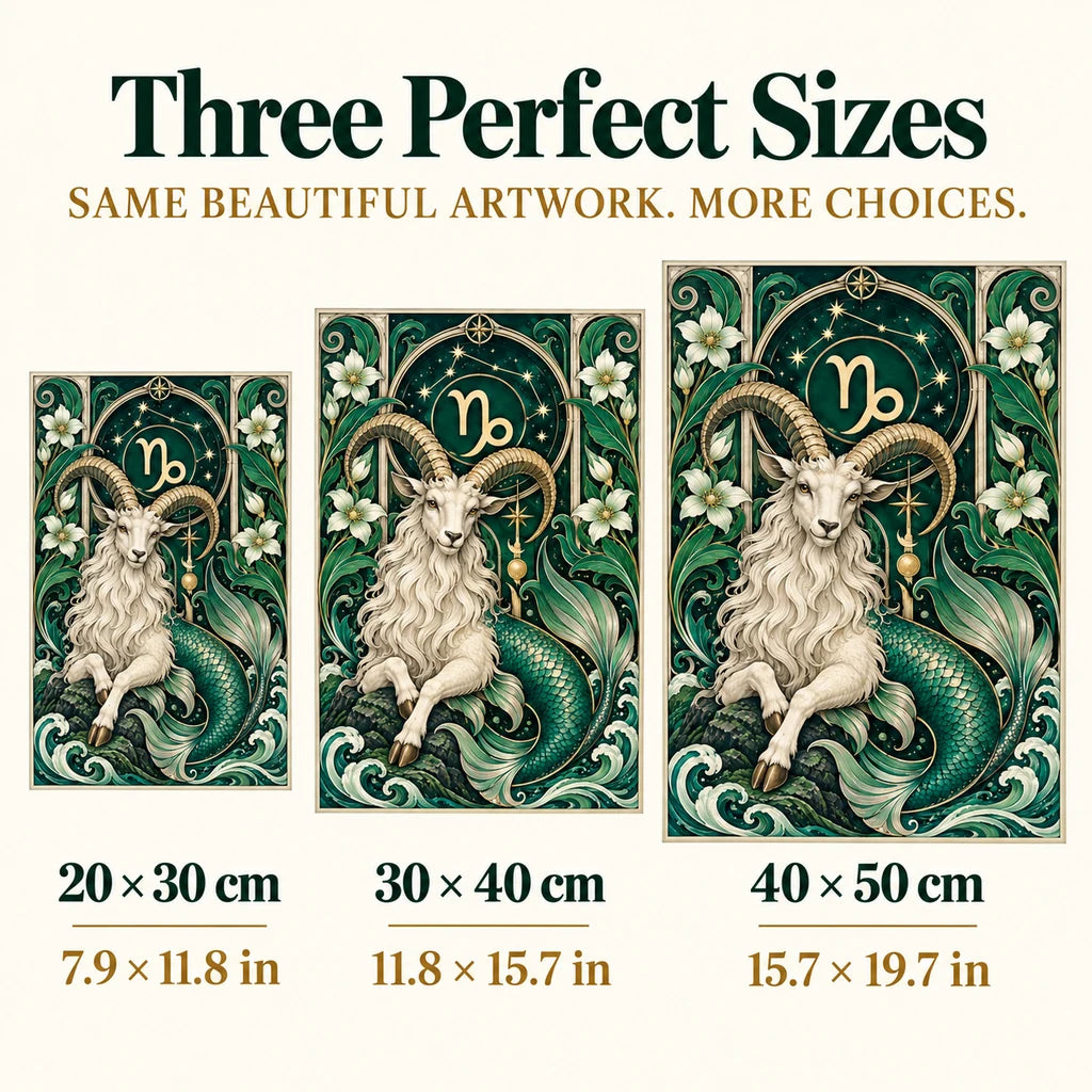Capricorn sea goat diamond painting size guide: 20 × 30, 30 × 40, and 40 × 50 cm