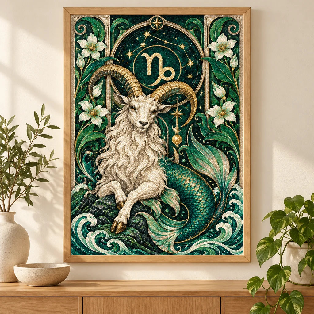 Framed Capricorn sea goat diamond painting displayed in a home interior