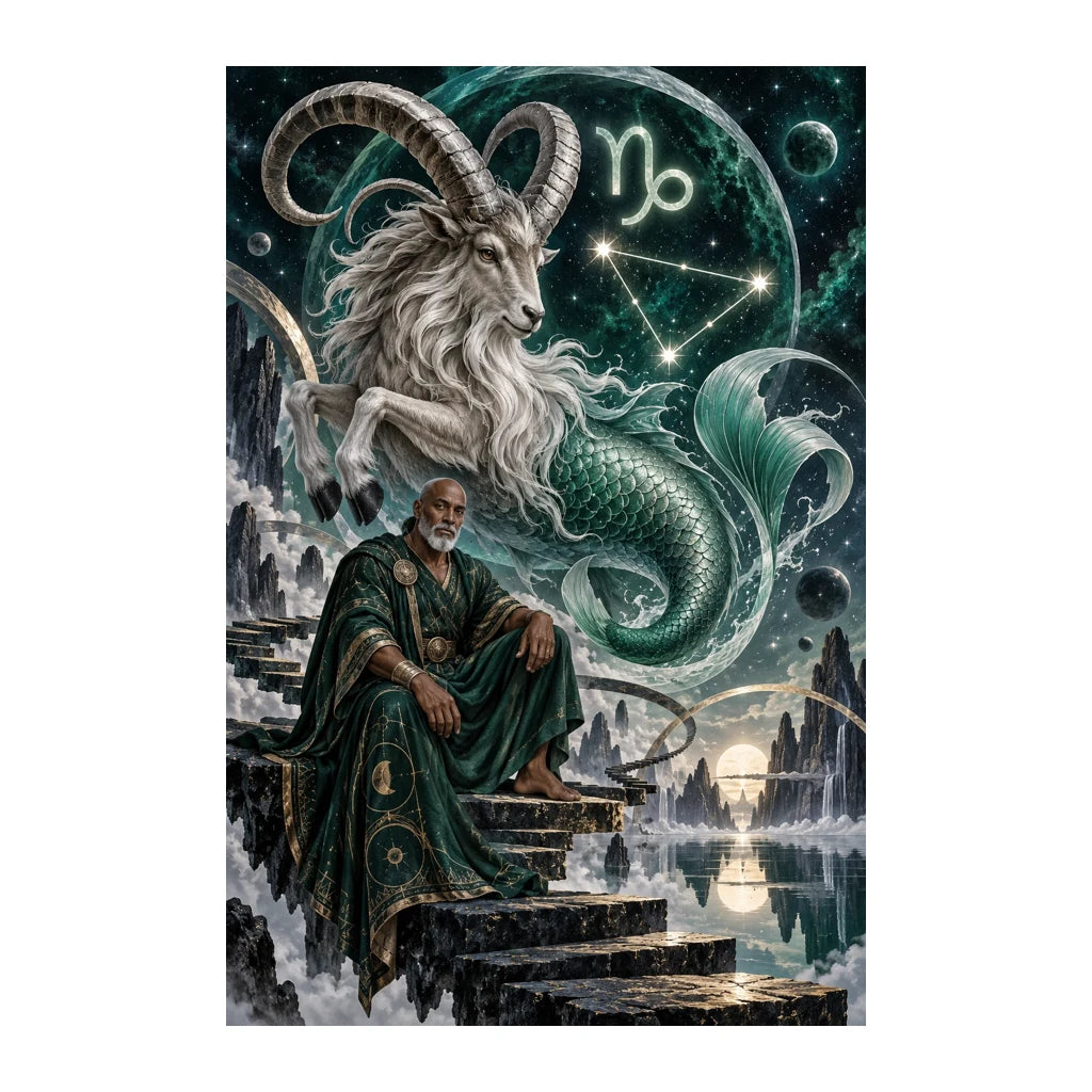 Capricorn sea goat and robed oracle beside a moonlit waterfall, original design