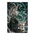 Capricorn sea goat and robed oracle beside a moonlit waterfall, original design