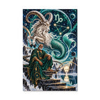 Capricorn sea goat oracle diamond painting with emerald details and zodiac emblem on a white background