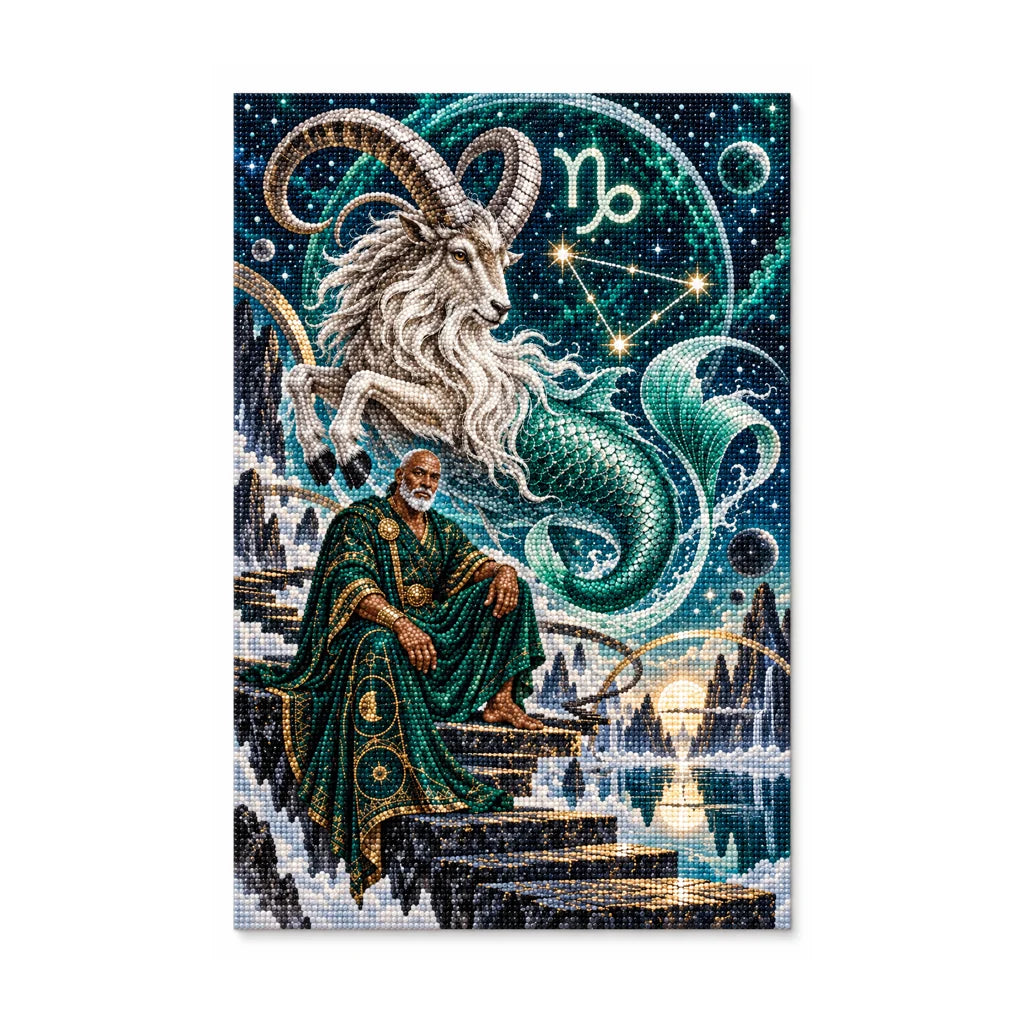 Capricorn sea goat oracle diamond painting with emerald details and zodiac emblem on a white background