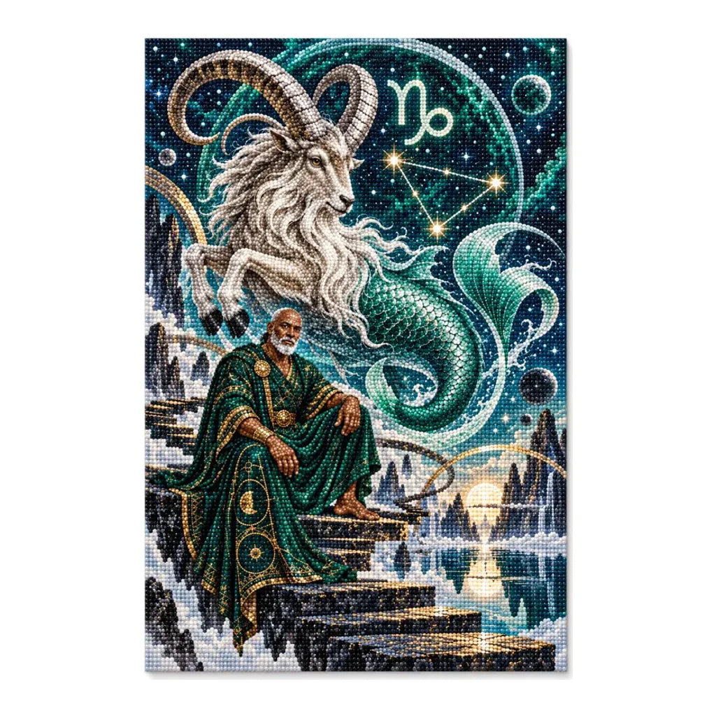 Capricorn sea goat oracle diamond painting with emerald details and zodiac emblem on a white background