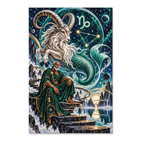 Capricorn sea goat oracle diamond painting with emerald details and zodiac emblem on a white background