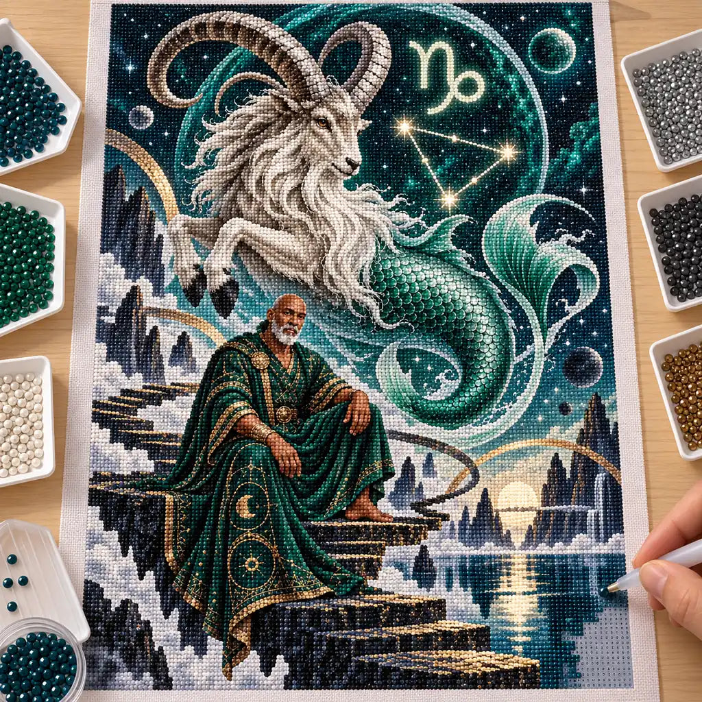 Hand applying drills to the Capricorn sea goat oracle diamond painting