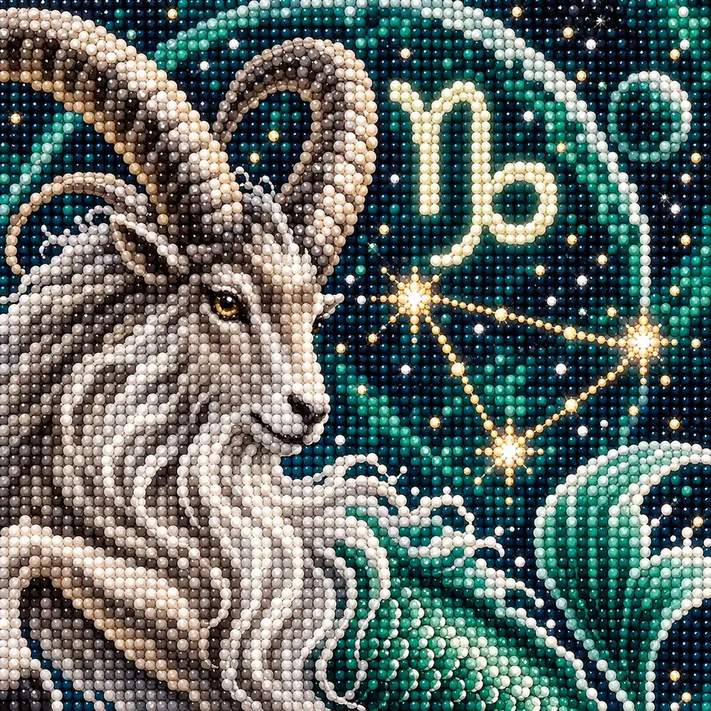 Close-up of the Capricorn sea goat's pearl-like drill details