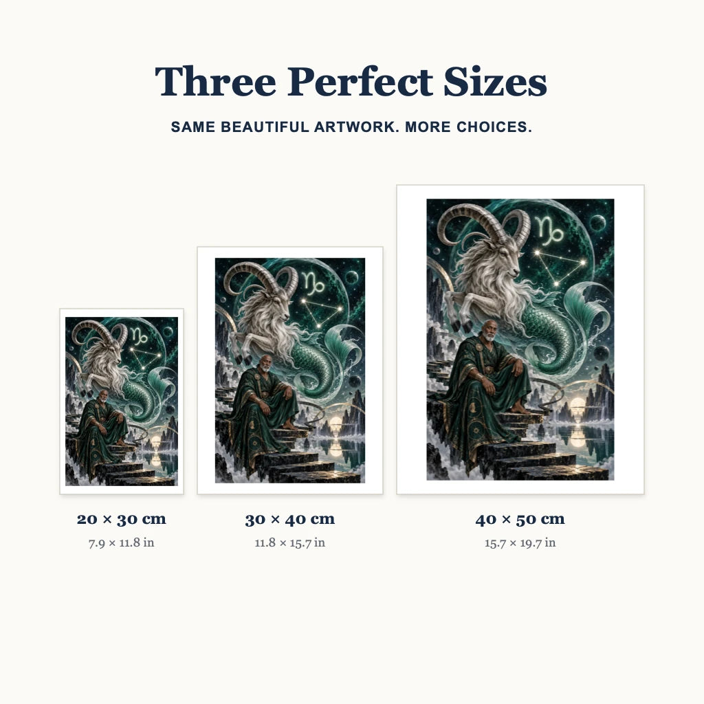 Capricorn oracle diamond painting size guide showing 20 × 30, 30 × 40, and 40 × 50 cm