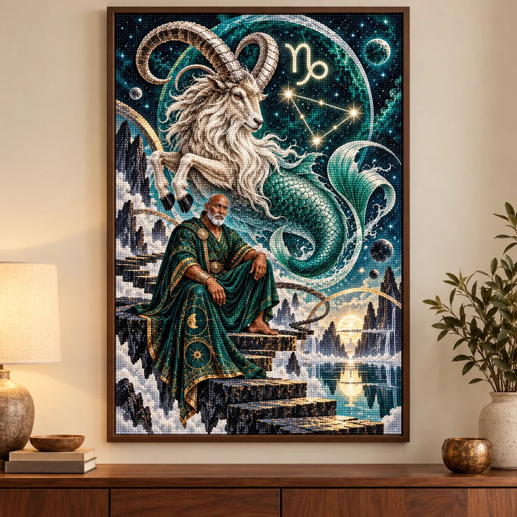 Framed Capricorn sea goat oracle diamond painting displayed in a living room