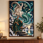 Framed Capricorn sea goat oracle diamond painting displayed in a living room
