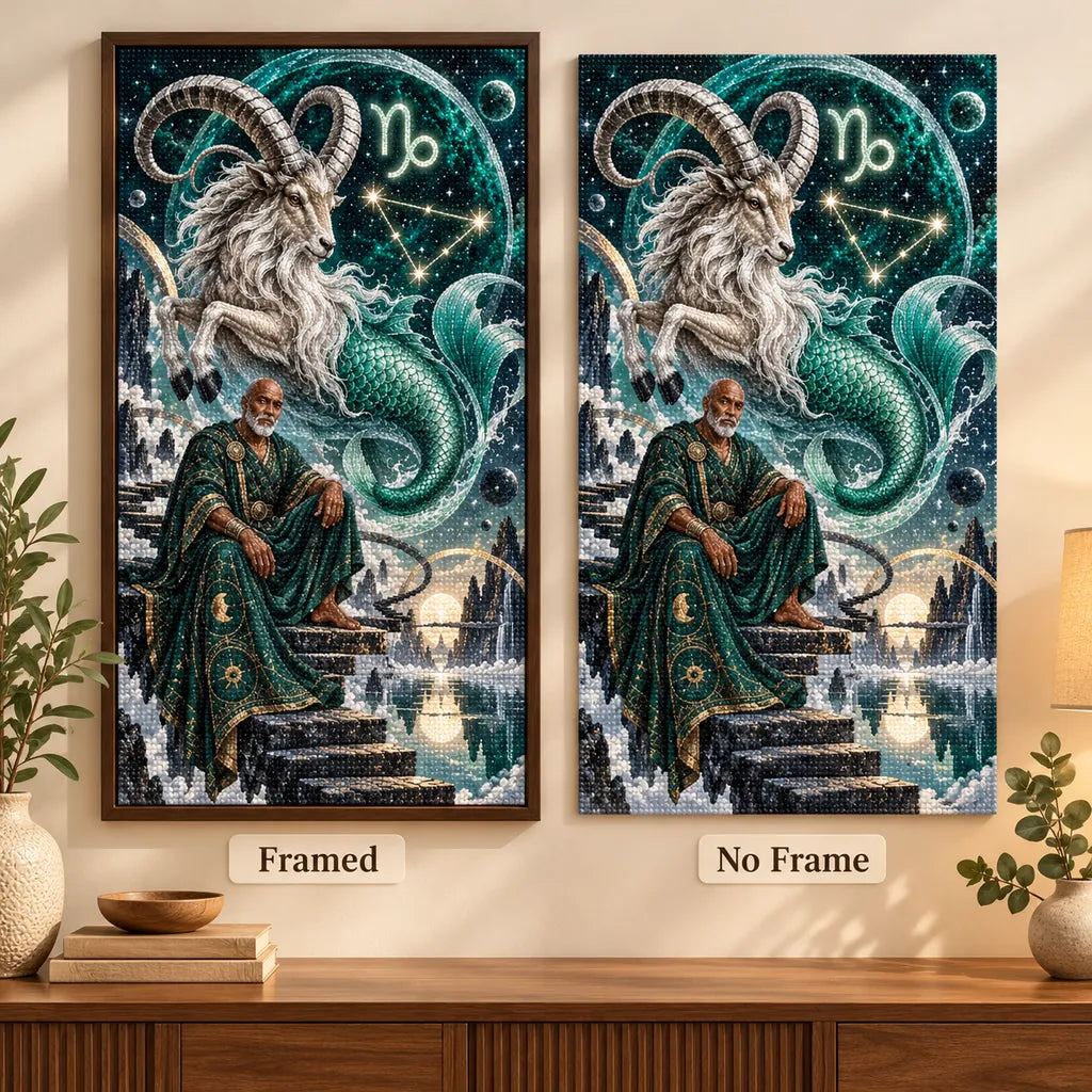 Framed and no-frame Capricorn sea goat oracle diamond painting comparison