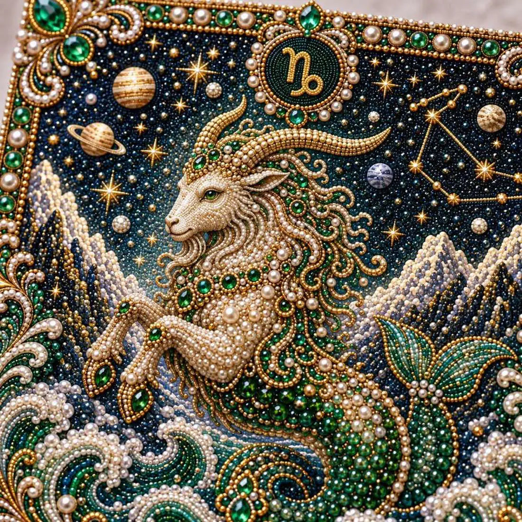 Close-up of glossy pearls and printed canvas in the capricorn design