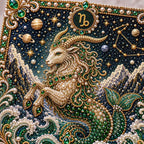 Close-up of glossy pearls and printed canvas in the capricorn design