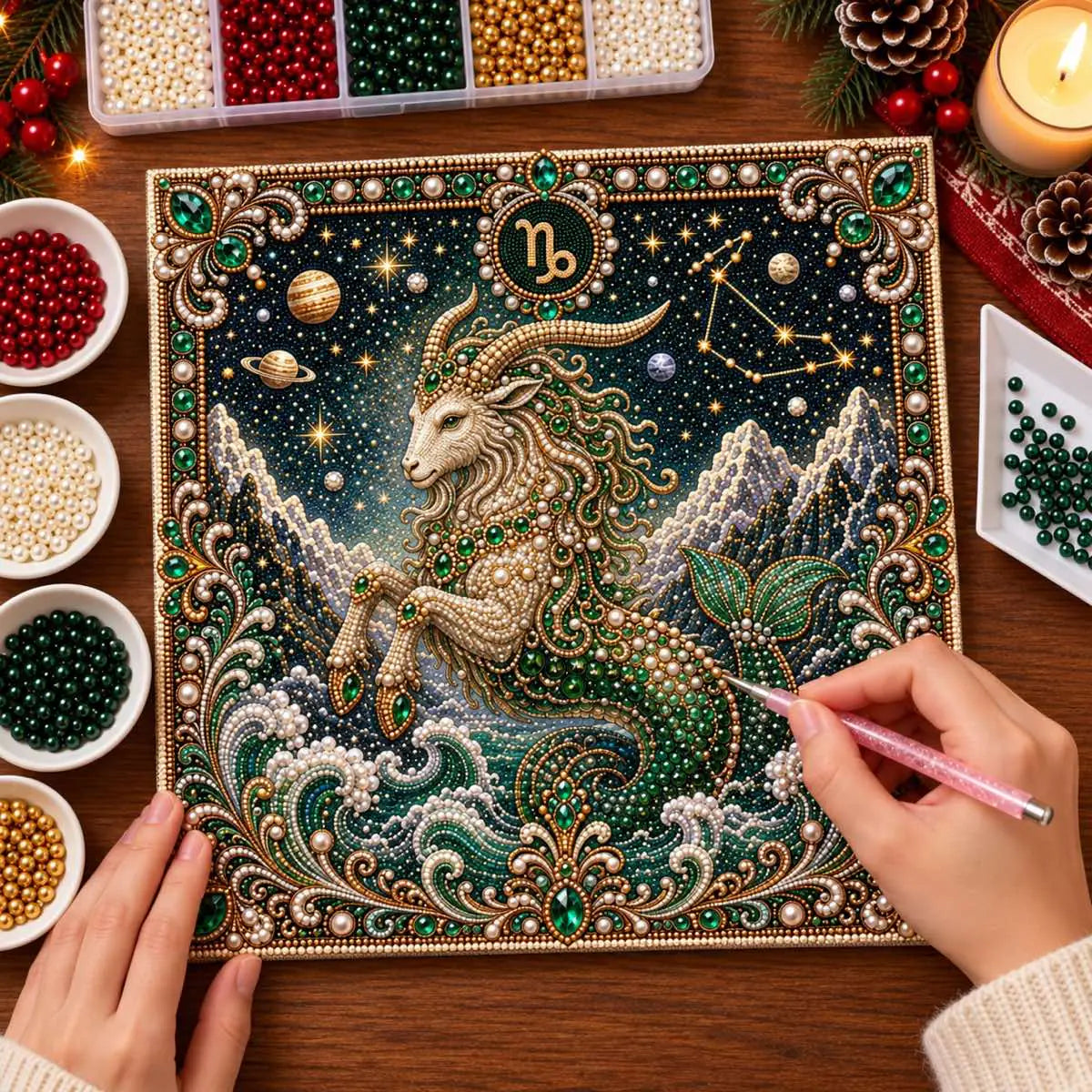 Pearl placement process on the capricorn printed canvas