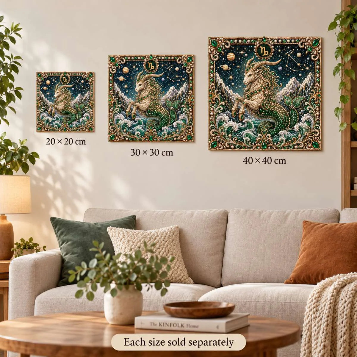 capricorn artwork size comparison for 20, 30 and 40 cm options; each sold separately