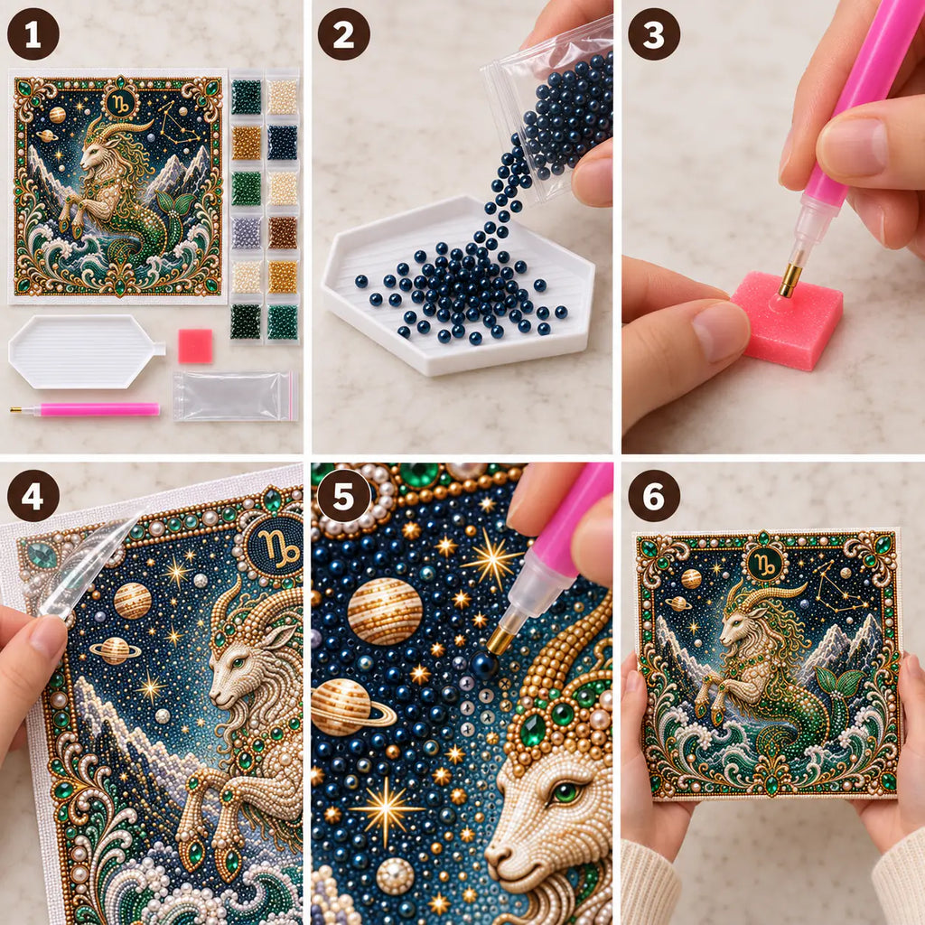 Six illustrated steps for placing pearls on the capricorn design