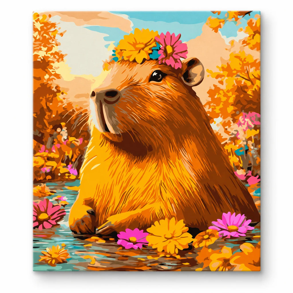Capybara in Autumn Flowers paint by numbers artwork on a front-facing canvas against a white background