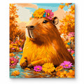 Capybara in Autumn Flowers paint by numbers artwork on a front-facing canvas against a white background