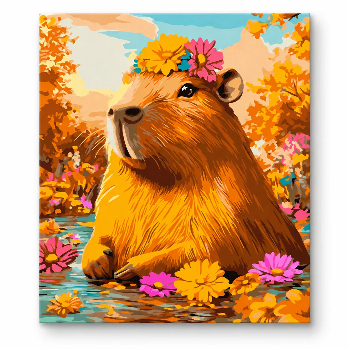 Capybara in Autumn Flowers paint by numbers artwork on a front-facing canvas against a white background