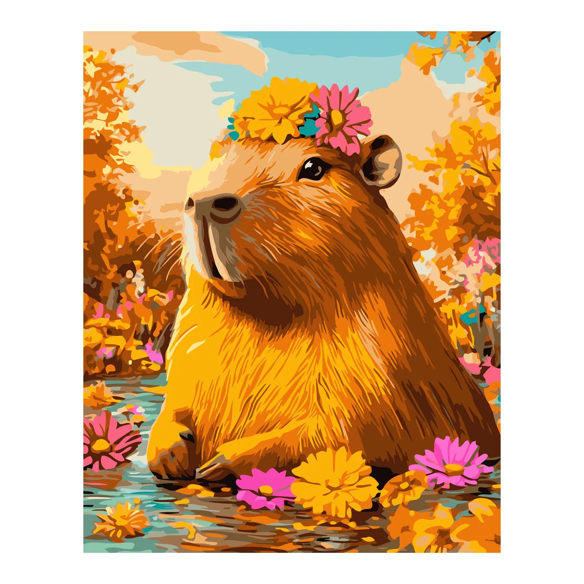 Capybara in Autumn Flowers completed artwork on a clean white background
