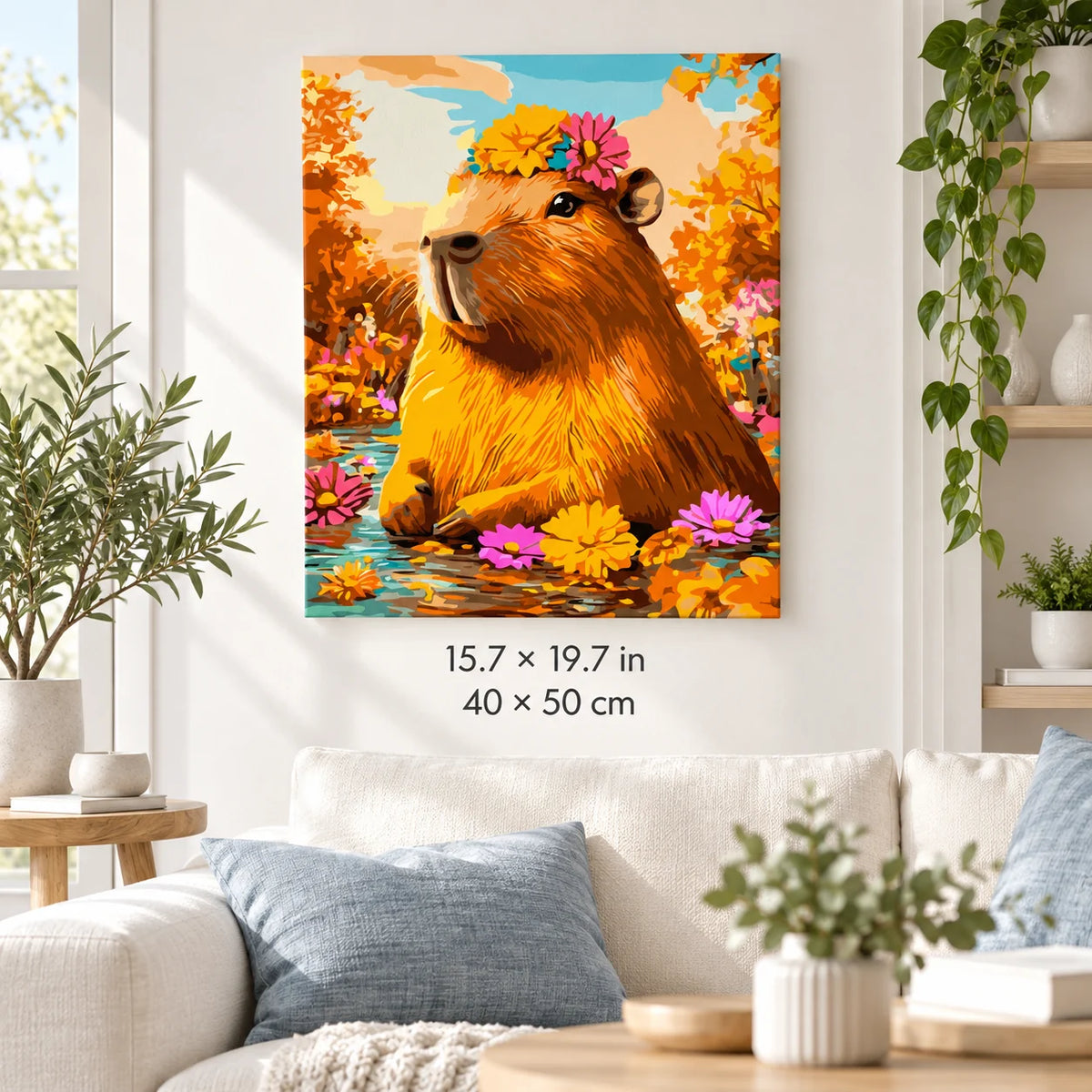 Capybara in Autumn Flowers shown in a styled room with 15.7 × 19.7 in and 40 × 50 cm dimensions