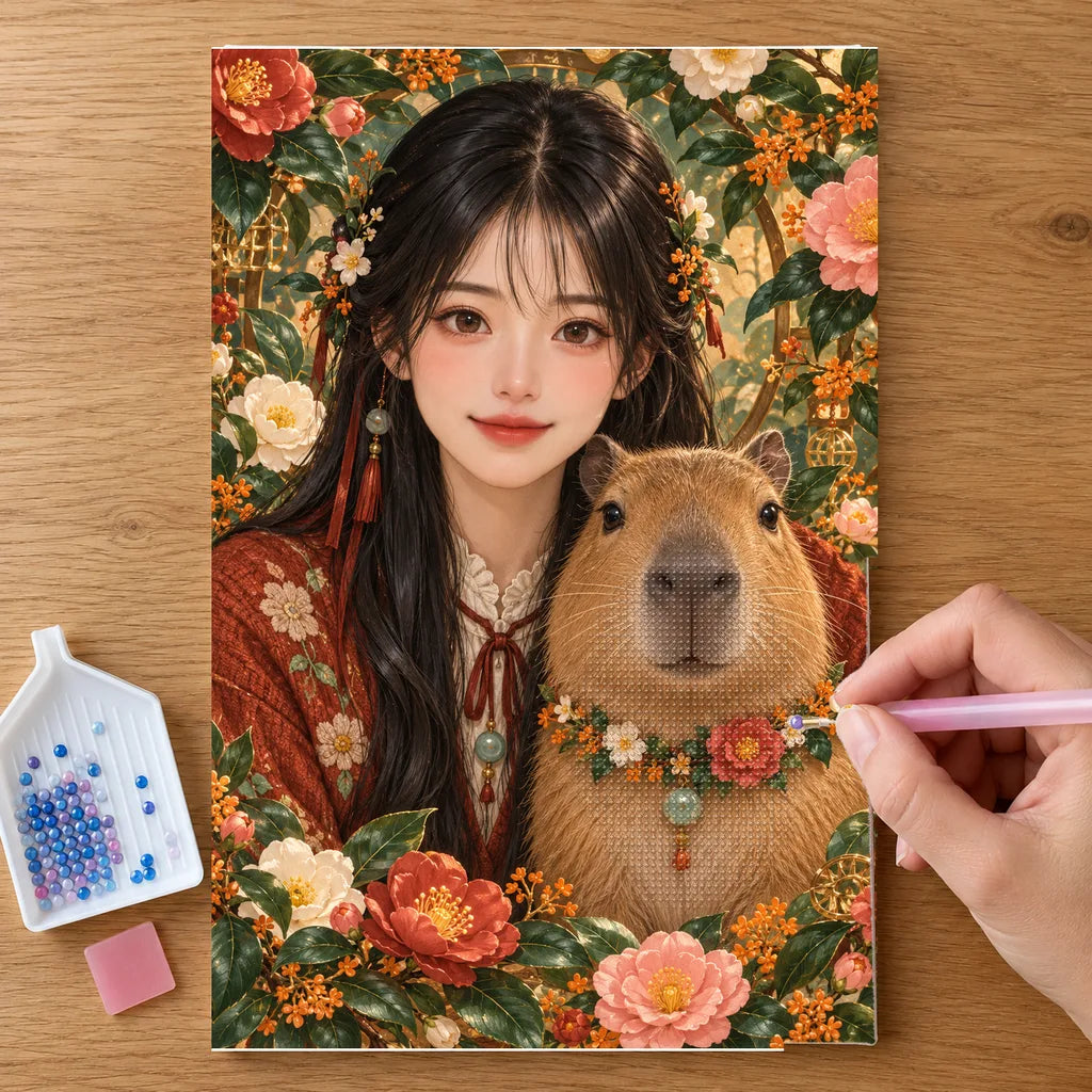 Hands placing drills on the Capybara Tea Garden Companion diamond painting canvas