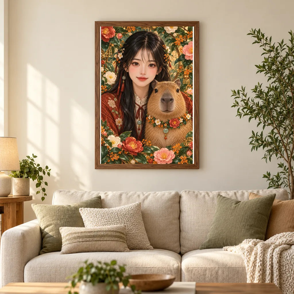 Framed Capybara Tea Garden Companion diamond painting displayed in a home interior