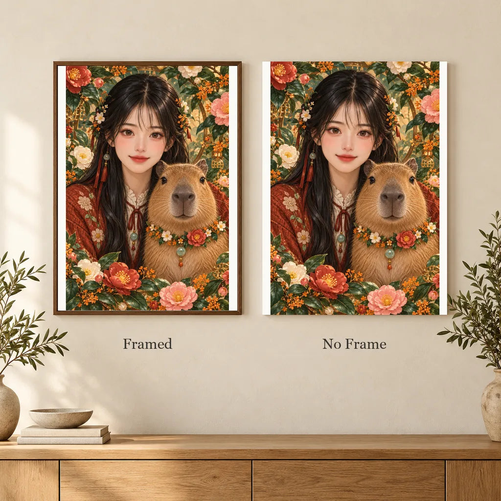 Framed and no-frame options for the Capybara Tea Garden Companion diamond painting