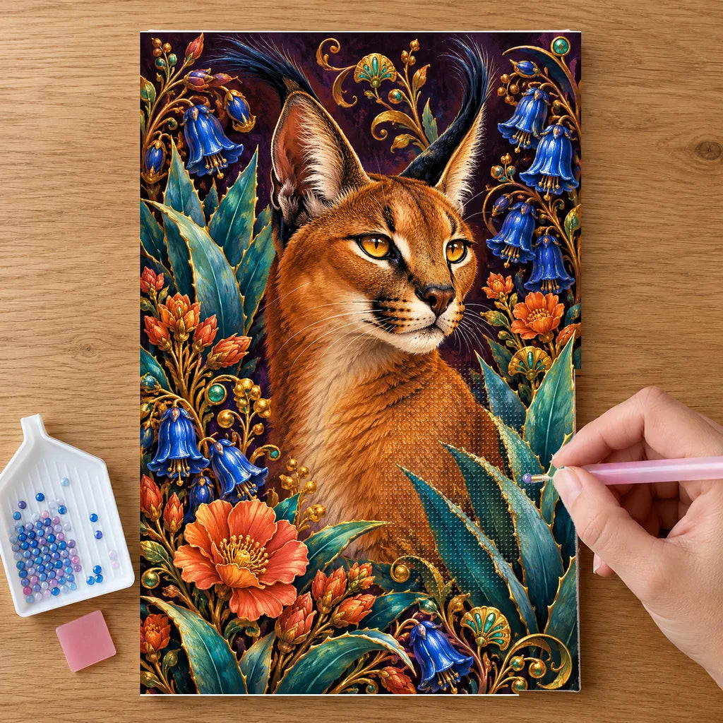 Hands placing drills on the Caracal Agave Blossom Frame diamond painting canvas