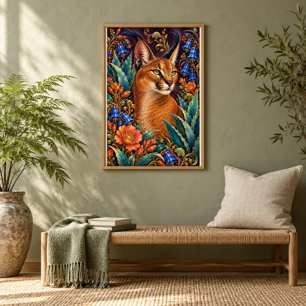 Framed Caracal Agave Blossom Frame diamond painting displayed in a home interior