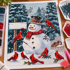Diamond painting process for Cardinals Around The Snowman