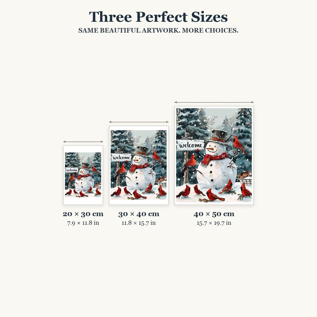 20 × 30, 30 × 40 and 40 × 50 cm size guide for Cardinals Around The Snowman