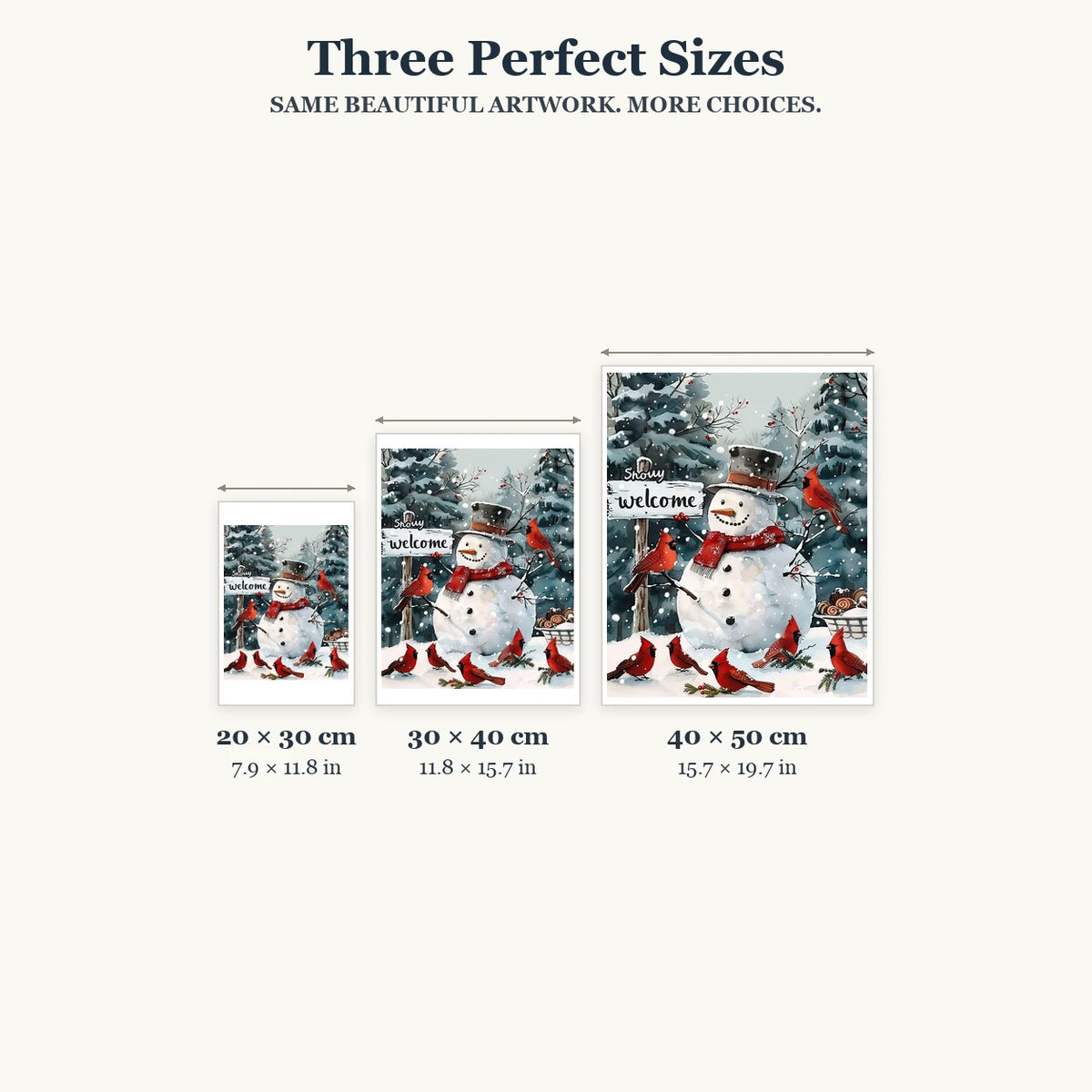 20 × 30, 30 × 40 and 40 × 50 cm size guide for Cardinals Around The Snowman