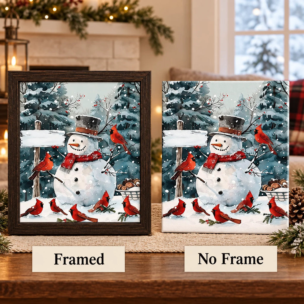Framed and no-frame options for Cardinals Around The Snowman