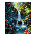 Original artwork for Cascade in Bloom Diamond Painting Kit, showing a tropical waterfall, bright flowers, and lush jungle leaves.