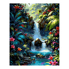 Original artwork for Cascade in Bloom Diamond Painting Kit, showing a tropical waterfall, bright flowers, and lush jungle leaves.