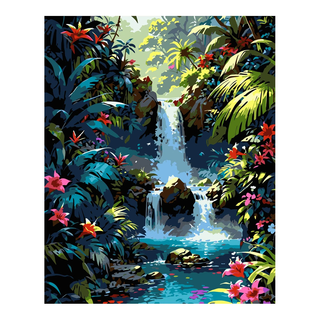 Original artwork for Cascade in Bloom Diamond Painting Kit, showing a tropical waterfall, bright flowers, and lush jungle leaves.