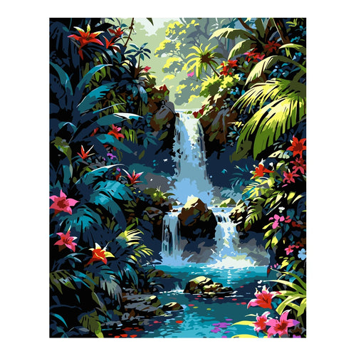 Original artwork for Cascade in Bloom Diamond Painting Kit, showing a tropical waterfall, bright flowers, and lush jungle leaves.
