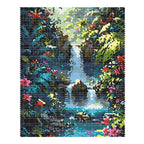 Finished diamond painting of a tropical waterfall, bright flowers, and lush jungle leaves.