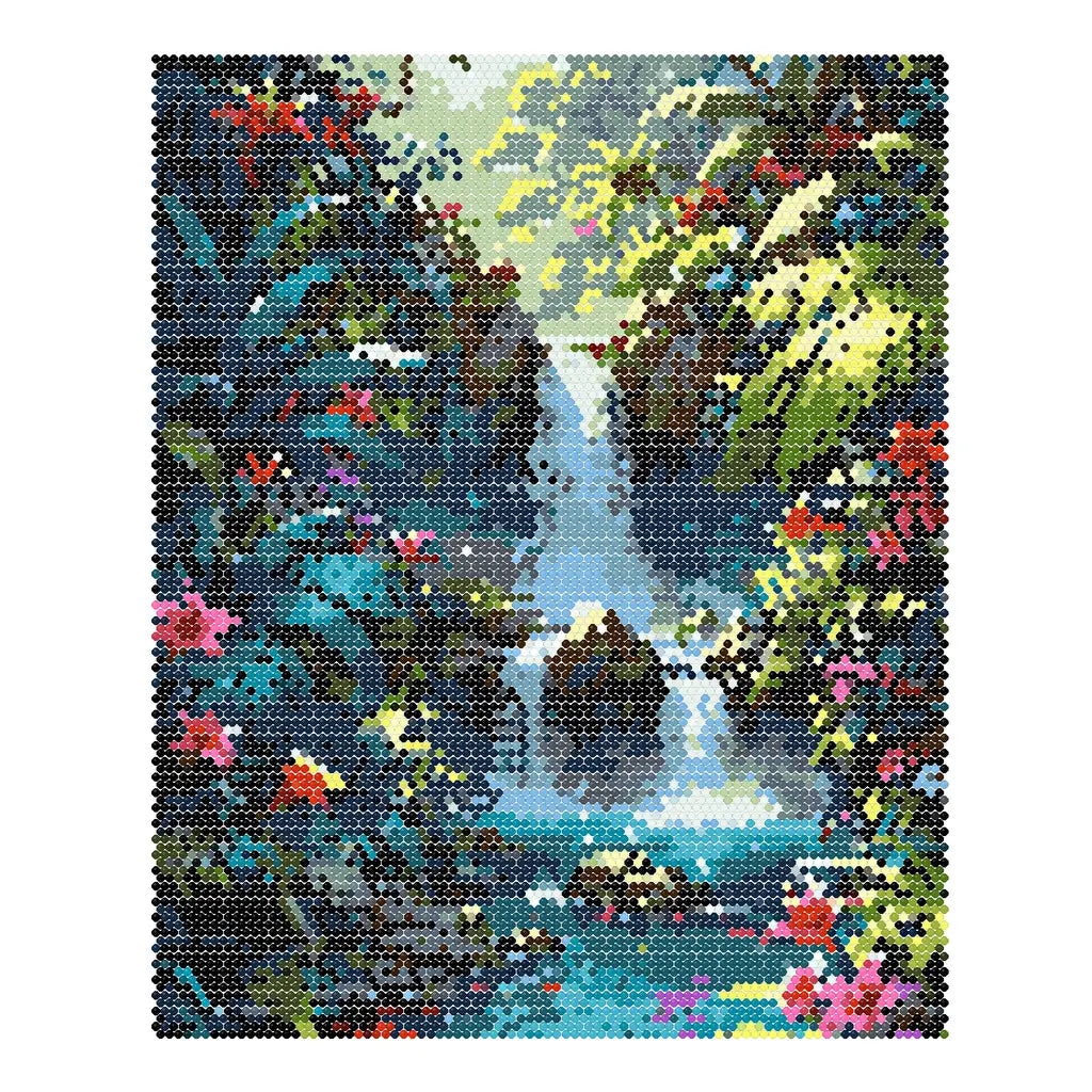 Finished diamond painting of a tropical waterfall, bright flowers, and lush jungle leaves.