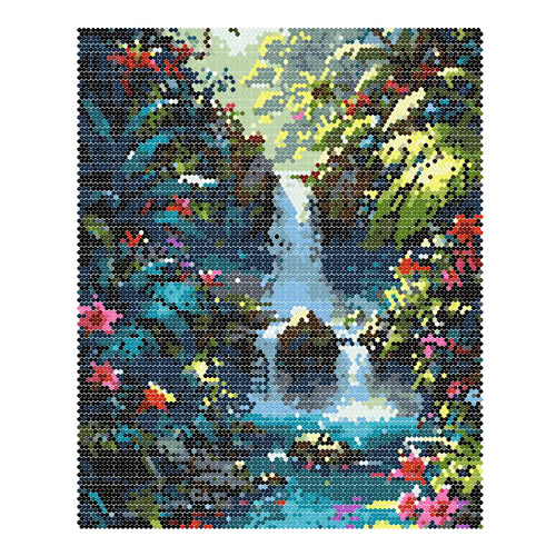 Finished diamond painting of a tropical waterfall, bright flowers, and lush jungle leaves.