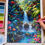 Diamond painting process for Cascade in Bloom, with drills being placed over a tropical waterfall, bright flowers, and lush jungle leaves.