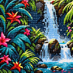 Close-up of diamond drill texture across a tropical waterfall, bright flowers, and lush jungle leaves.