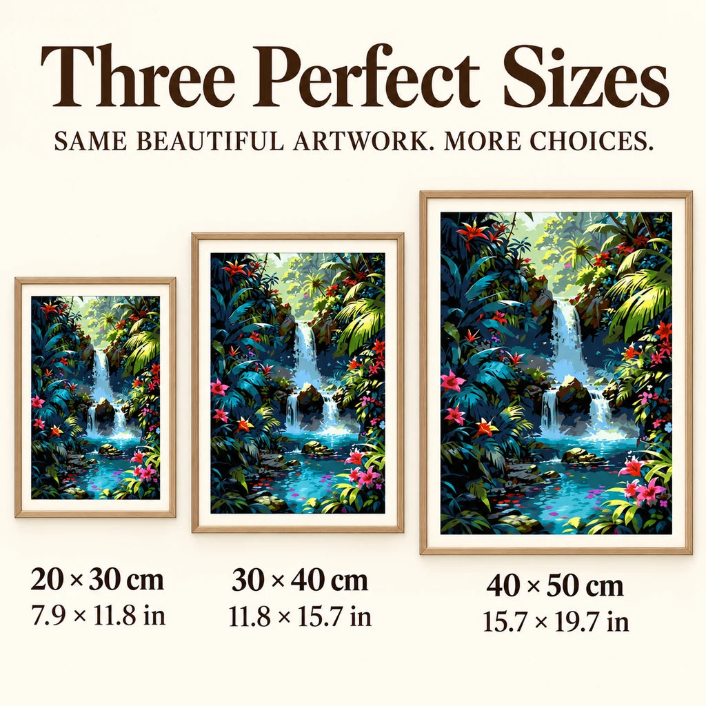 Size guide for Cascade in Bloom: 20 × 30 cm, 30 × 40 cm, and 40 × 50 cm.