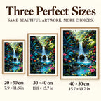 Size guide for Cascade in Bloom: 20 × 30 cm, 30 × 40 cm, and 40 × 50 cm.
