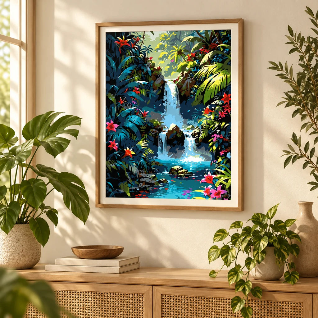Home decor scene showing Cascade in Bloom artwork displayed on a wall.