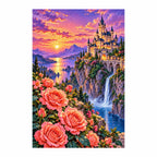 White-background finished diamond painting of a castle, coral roses, and a sunset waterfall