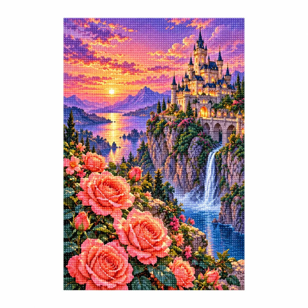 White-background finished diamond painting of a castle, coral roses, and a sunset waterfall