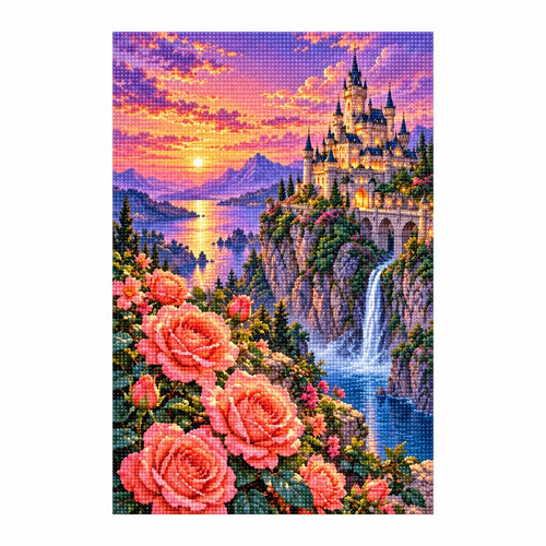 White-background finished diamond painting of a castle, coral roses, and a sunset waterfall