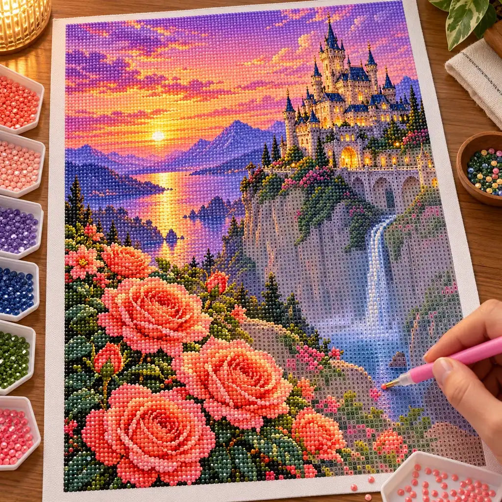 Hands placing drills on the castle and rose waterfall diamond painting