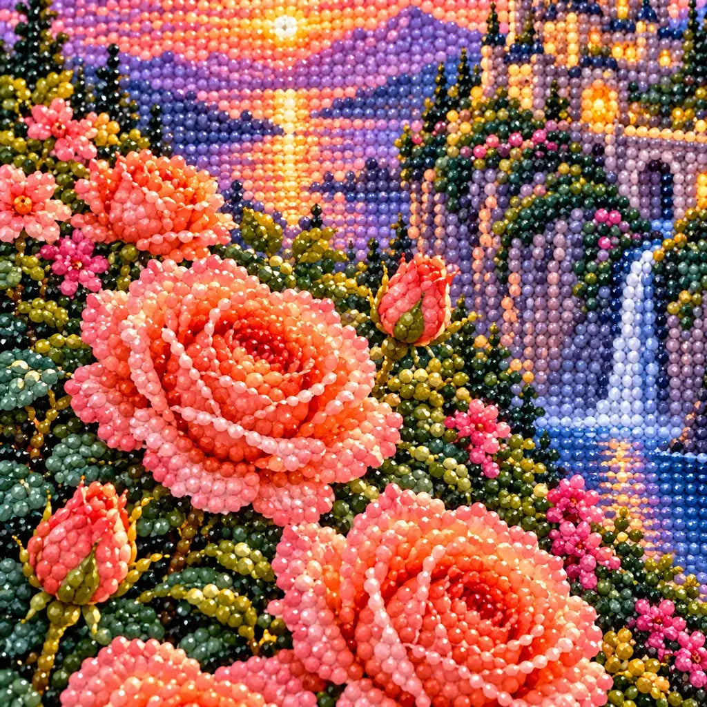Close-up diamond drill detail on the coral roses and castle waterfall landscape